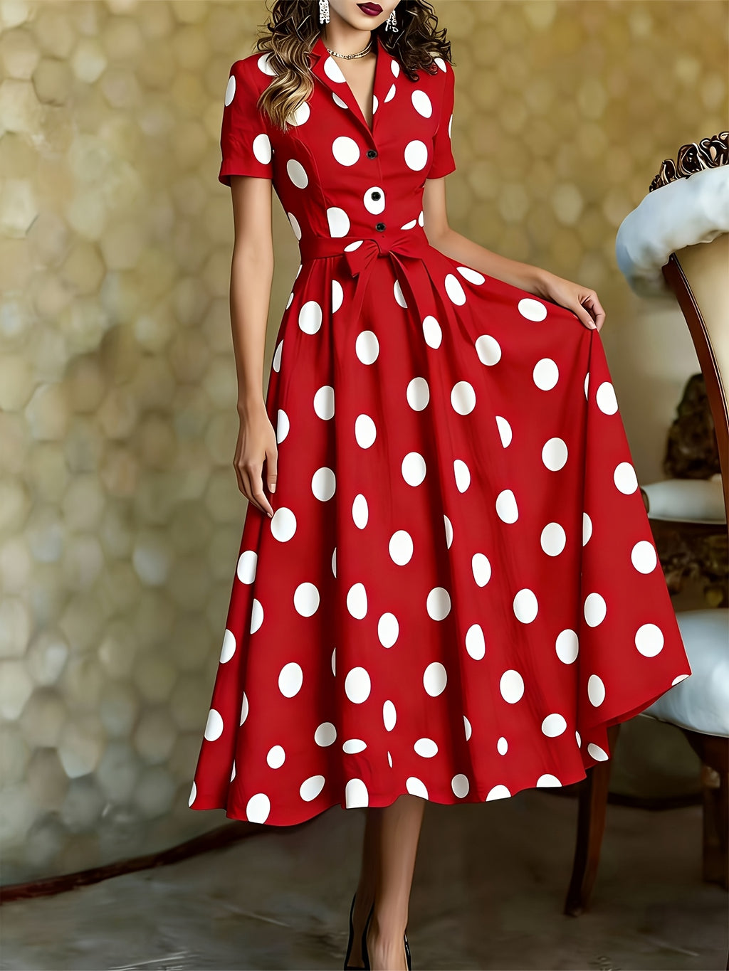2026 Mid-Length Dress, Short Sleeve, Cape Neckline, Polka Dot Pattern, Button-Up Design, French Retro Style, White - Red