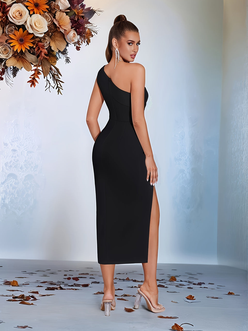 In-Stock Style Off-Shoulder Ruched Front-Slit Prom Party Dress - Black
