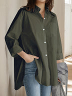 Women'S Loose Elegant Spring Autumn Long Sleeve Office Shirt Solid Color Casual Versatile Easy Top Work Blouse - Olive Green