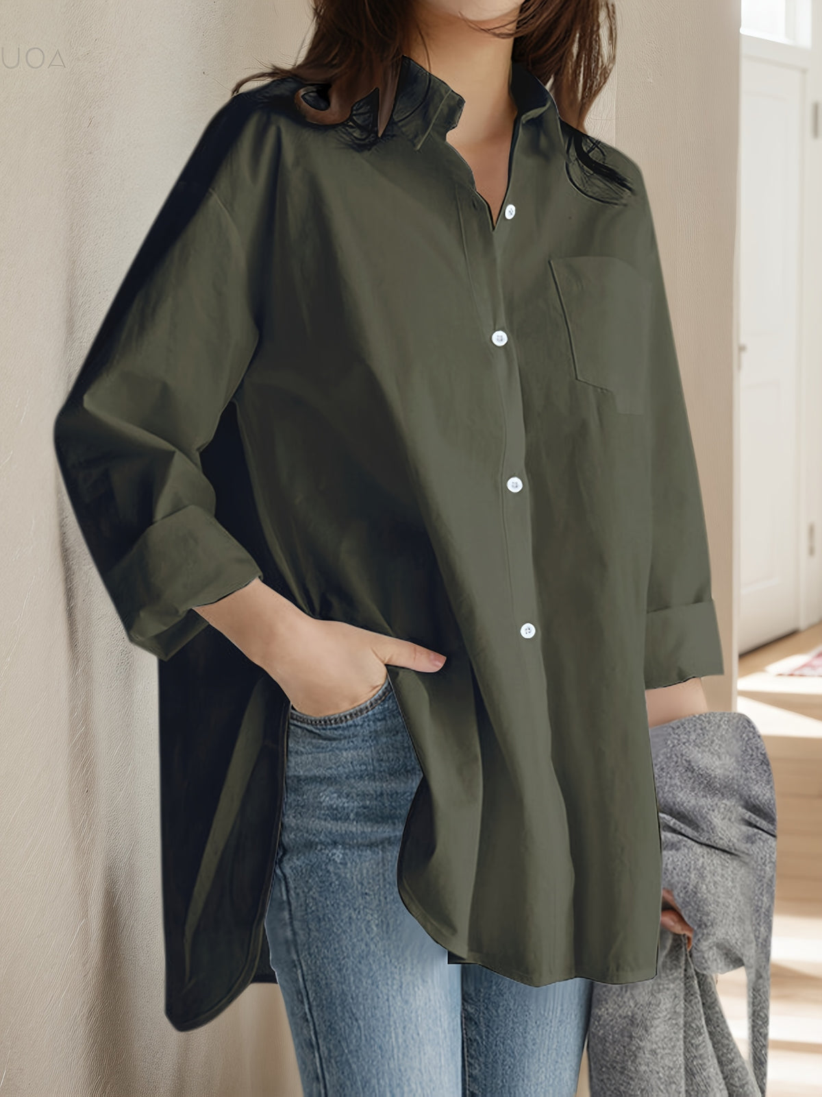 Women'S Loose Elegant Spring Autumn Long Sleeve Office Shirt Solid Color Casual Versatile Easy Top Work Blouse - Olive Green
