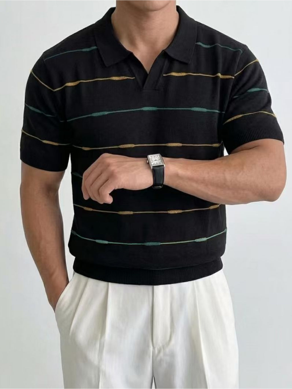 Men'S Contrast Narrow Stripe V-Neck Polo Knit Short Sleeve Summer Ice Fiber Fabric Slim Fit Breathable Top, Lightly Mature Commuter Textured Lapel Base Layer, Easy Versatile Casual Men'S Knit Polo Shirt - Black