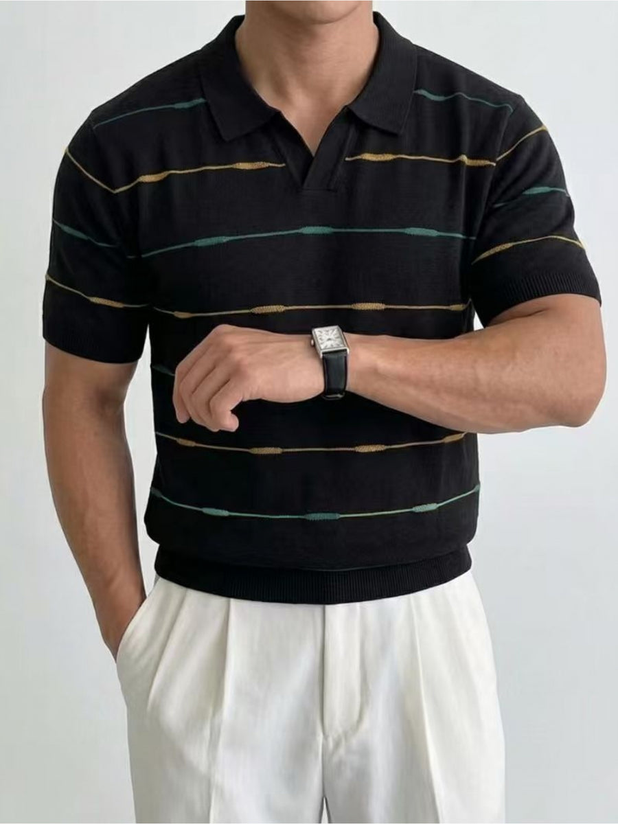 Men'S Contrast Narrow Stripe V-Neck Polo Knit Short Sleeve Summer Ice Fiber Fabric Slim Fit Breathable Top, Lightly Mature Commuter Textured Lapel Base Layer, Easy Versatile Casual Men'S Knit Polo Shirt - Black
