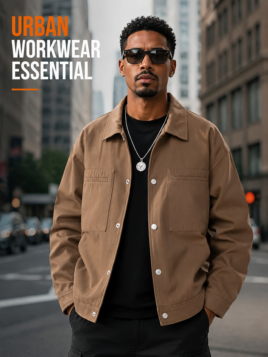 Men'S Lapel Collar Snap Button Utility Jacket, Multi-Patch Pockets Design with Pen Slot, Loose Short Cut Workwear Outer Coat, Durable Fabric Street Style Outerwear for Everyday City Wear - Camel Brown