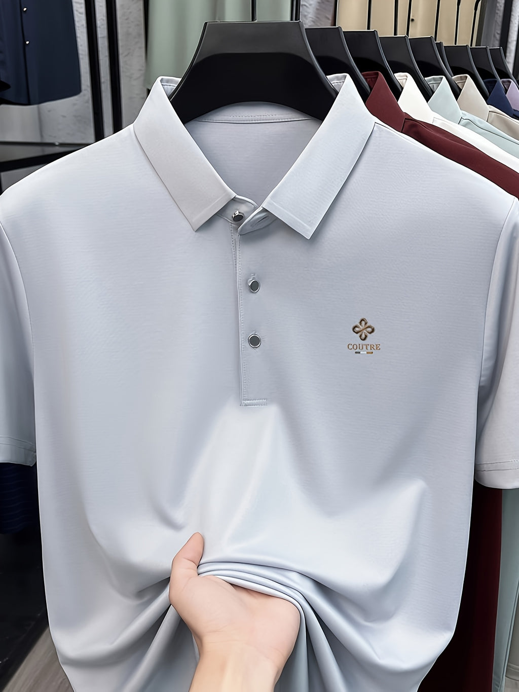 [Villa Le Water OBM] Summer Men'S Lapel Polo Shirt, Fashionable And Versatile Light Luxury Top, Business Casual Breathable Short Sleeve T-Shirt, Suitable for Daily Work Wear - Light Grey
