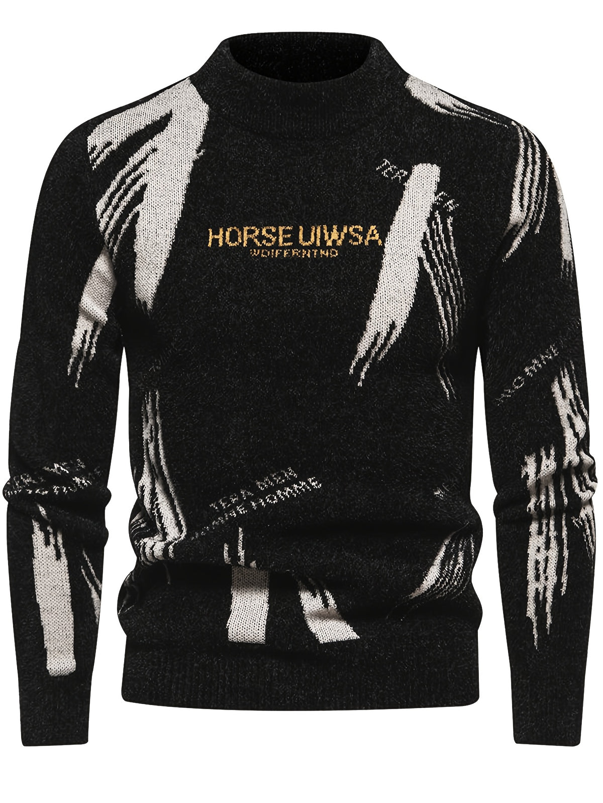 Men's Letter Jacquard Sweater - Stretch Crewneck Pullover with Base Layer, Warm Winter Sweater Suitable for Casual & -Casual Wear, Non- Lettering, Hand Washable for Office or Layering - Black