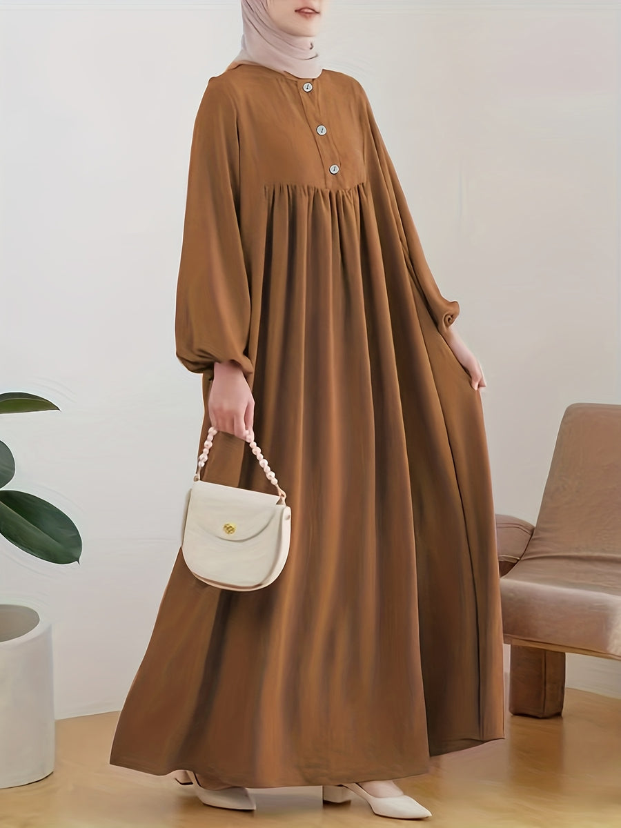 2025 New Muslim Women'S Robe Caramel Color Fashion Casual Bubble Sleeve Easy Loose Solid Color Dress Without Headscarf - Rust