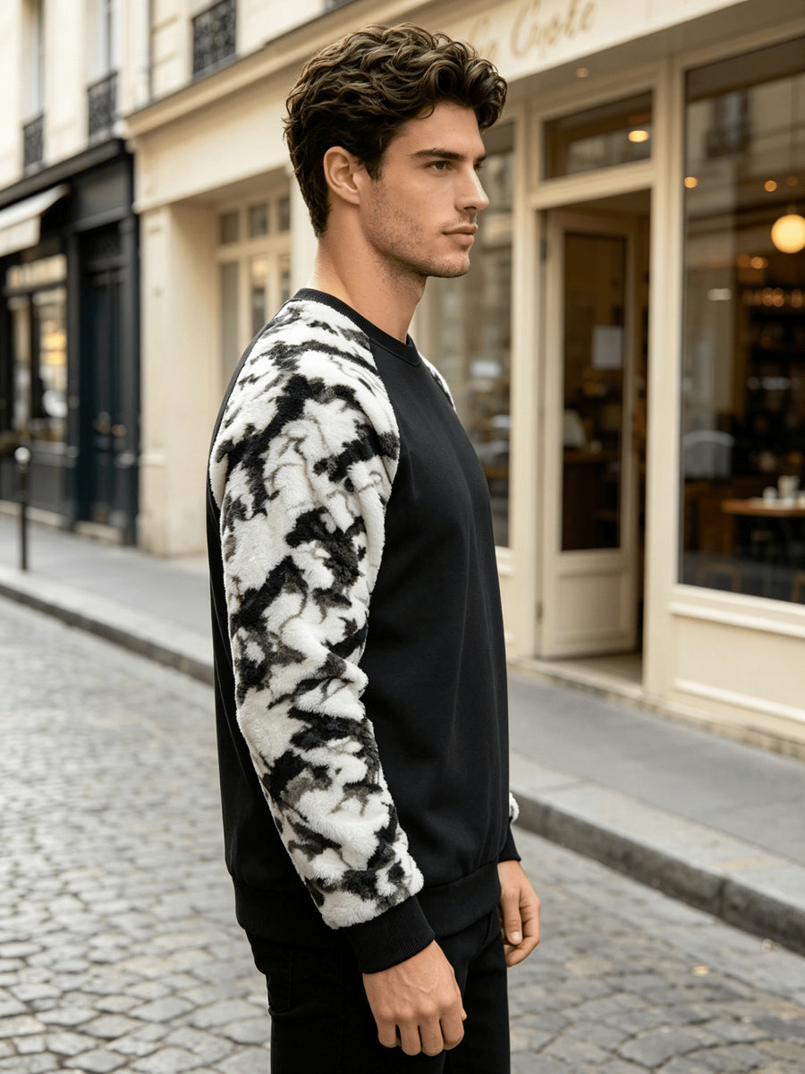 Men's Autumn/Winter Crew Neck Plush Sweatshirt, Raglan Sleeve Sweatshirt. Featuring a Stylish Color Block Patchwork Pattern and Solid Color Designs, This Wrinkle-resistant, Soft Knitted Material Is Highly Practical. Suitable for Students' Daily Wear - Black