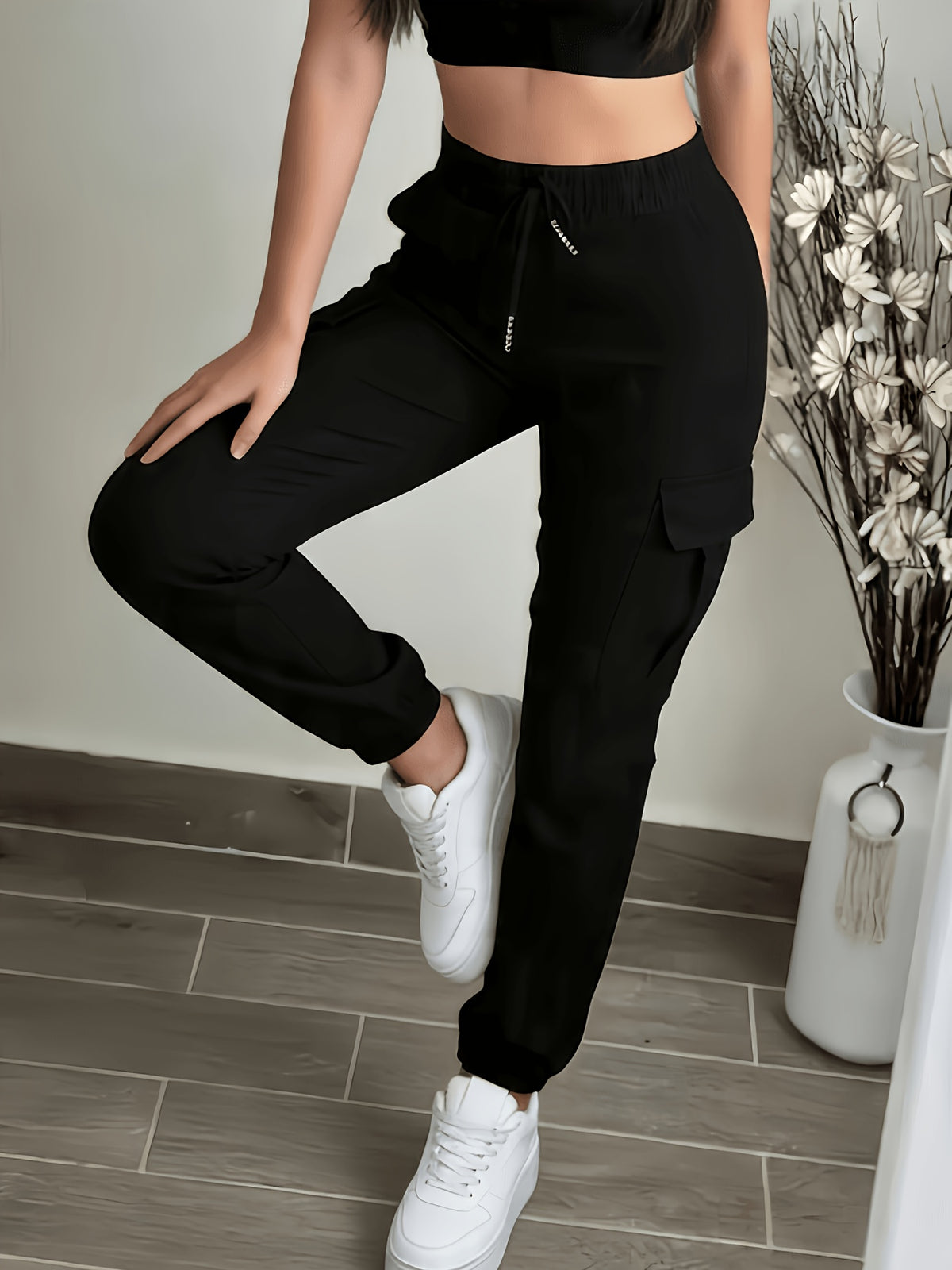 Women'S Pocket Drawstring Cargo Pants. Summer Sports Long Pants with Elastic Cuffs Stretchy Casual Fitness Yoga Joggers for Running. Outdoor Cycling - Black