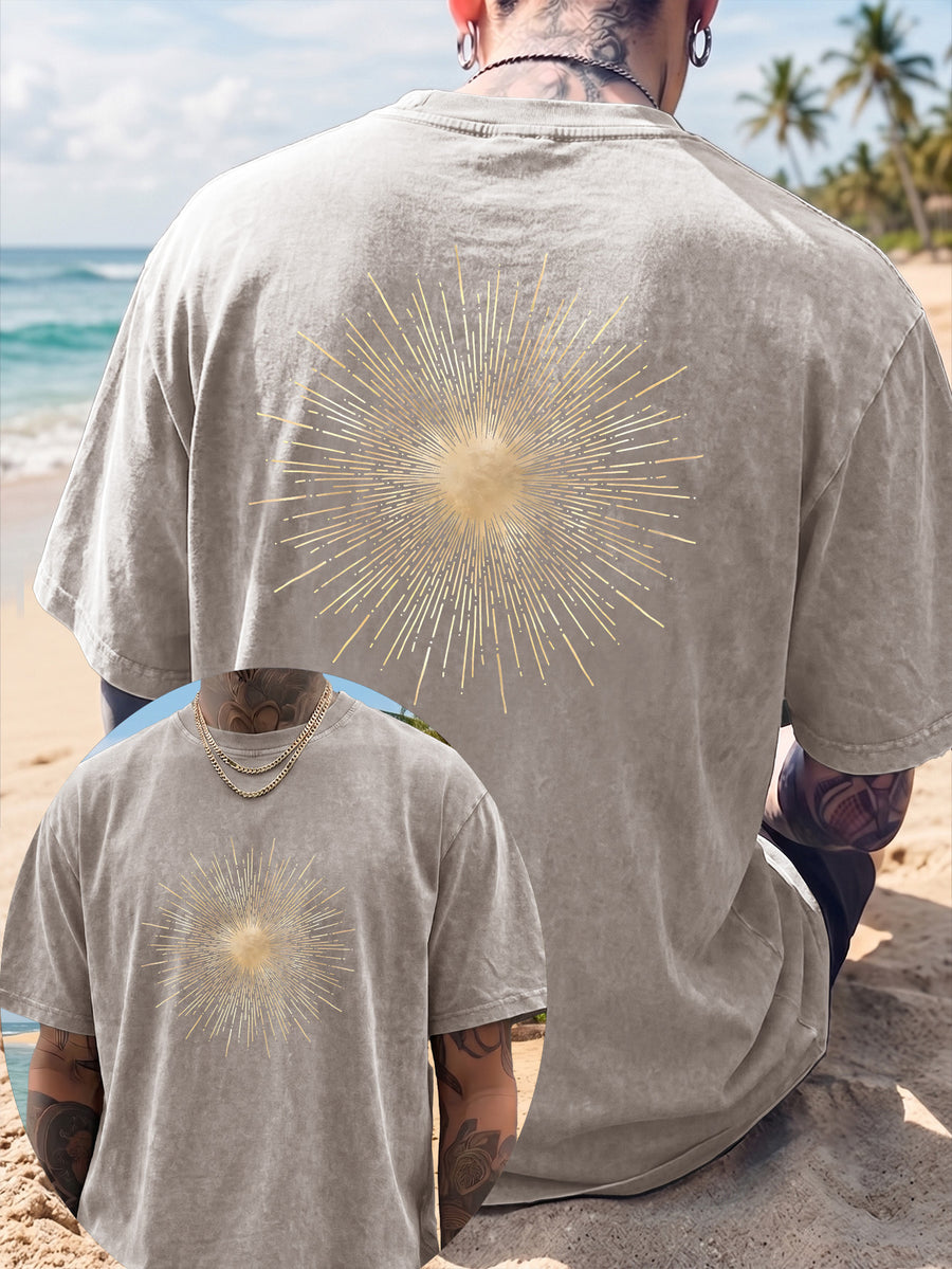Men's Short-Sleeve T-Shirt, Pure Cotton, Loose Fit, Washed and Distressed, Sunburst Starlight Pattern, Trendy Reverse Double-Sided Print, Multiple Colors for Mix and Match, American Streetwear Hip-Hop High Street Top, for Daily Outings - Apricot