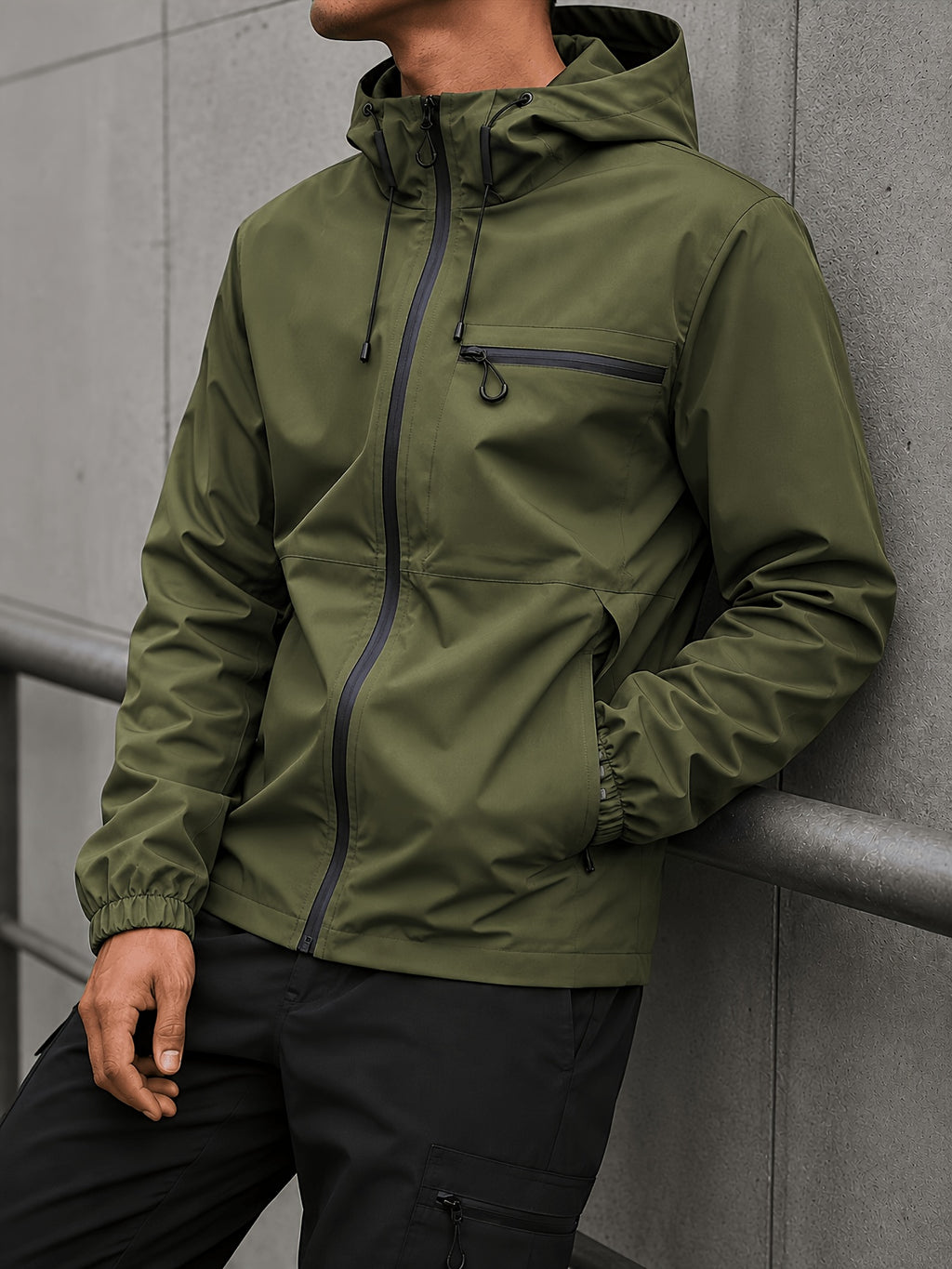 Men's Hooded Functional Jacket, Outdoor Casual Windproof Outerwear, Stand Collar Zipper Multi-Pocket Top, Spring/Autumn Urban Commuting Sports Jacket - fern green
