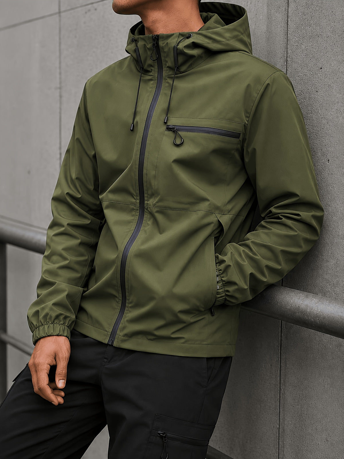 Men's Hooded Functional Jacket, Outdoor Casual Windproof Outerwear, Stand Collar Zipper Multi-Pocket Top, Spring/Autumn Urban Commuting Sports Jacket - fern green