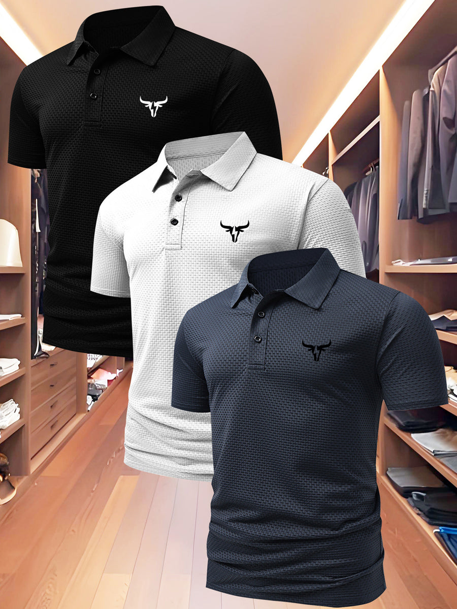 3pcs Value Pc, Summer Short-sleeve Polo Shirt! New Jacquard Fabric, Quick-drying, Lightweight and Breathable, Easy to Wash and Dry Quickly. Men's Color-blocked Cool and Comfortable Polo Shirt with Lapel, for Sports and Casual Wear. Men's Short-sleeve - Black And White