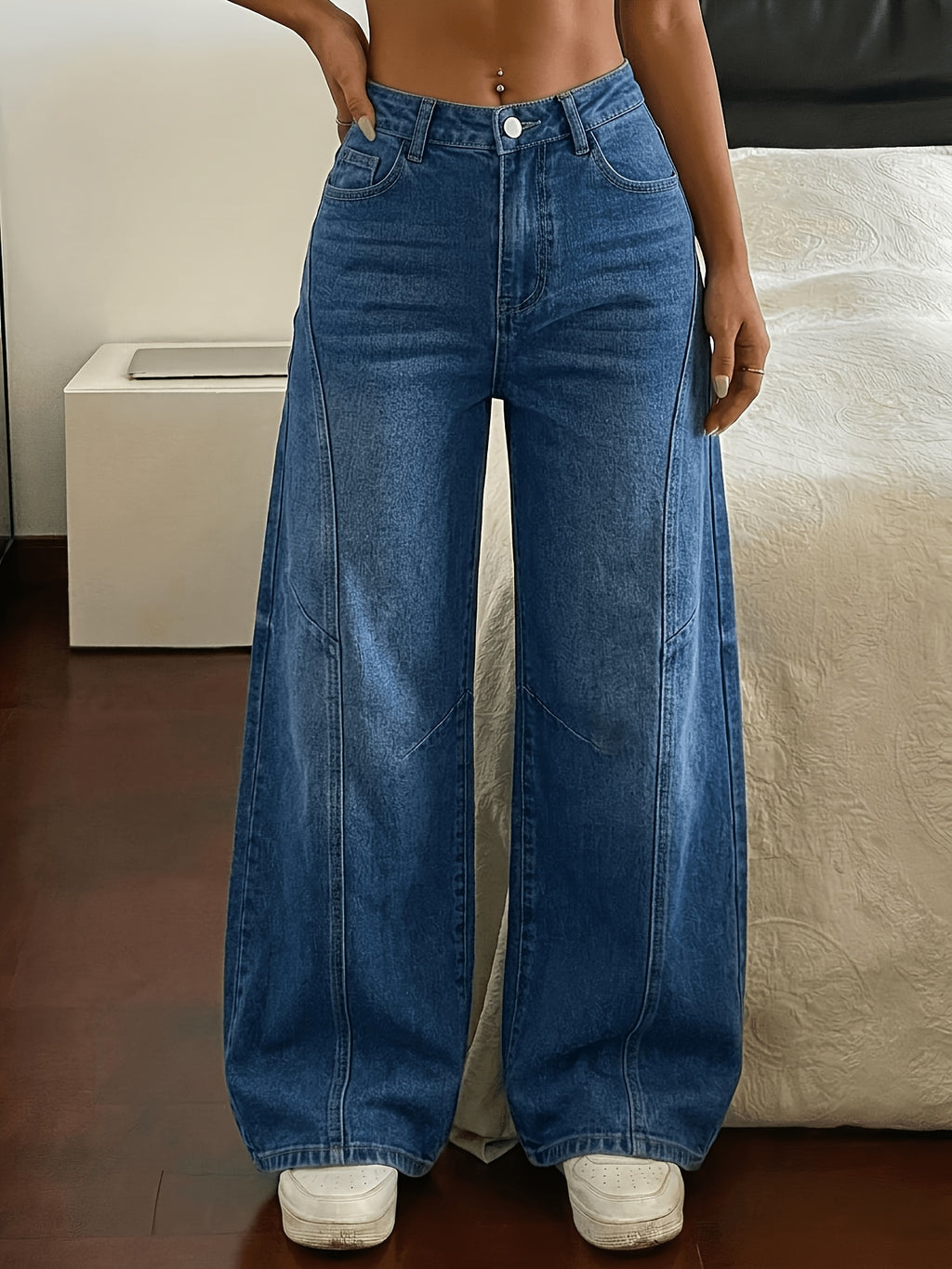 Women'S Casual Stretch Mid-Rise Jeans, Regular Straight Fit with Slit-Patchwork And Leg Design, Easy Fashionable All-Match Straight Trousers - Medium Blue
