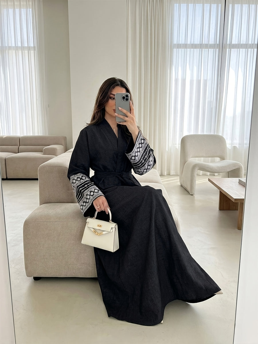 1pc Fashionable And Elegant Vacation Solid Color Sleeve Embroidered Flower Shirt Light And Breathable Easy Modest Open Style for Daily Wear Travel Comfortable Casual Cardigan. Muslim Abaya And Robe Summer Abaya Women'S Open Abaya Fashion Easy Women - Black