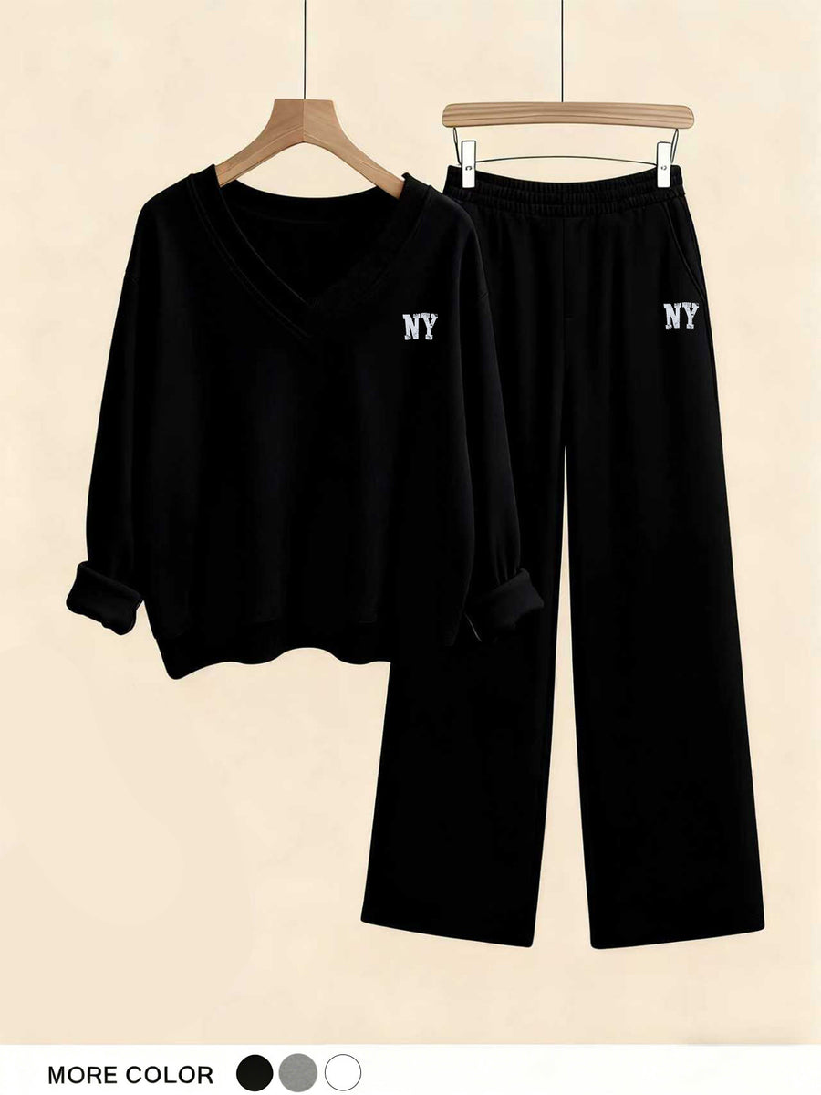Fashion Spring Autumn Casual Long Sleeve V-Neck Sweatshirt And Pants Two-Piece Set, Casual Long Pants Suit - Black+black