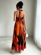 New French-Style Casual Elegant Sexy High-End Design V-Neck Backless Spaghetti Strap Waist-Revealing A-Line Slit Sleeveless Long Dress, Red and Green Floral Print, High-Quality Exquisite Women's Clothing - Red