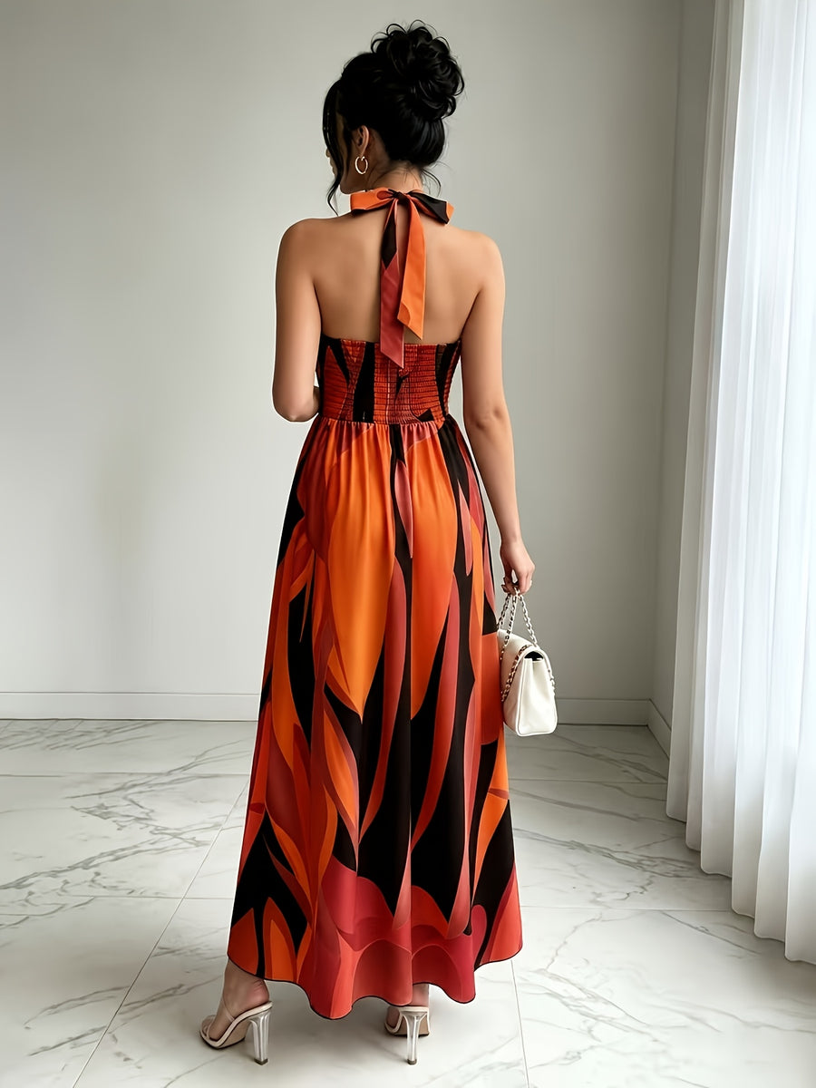 New French-Style Casual Elegant Sexy High-End Design V-Neck Backless Spaghetti Strap Waist-Revealing A-Line Slit Sleeveless Long Dress, Red and Green Floral Print, High-Quality Exquisite Women's Clothing - Red