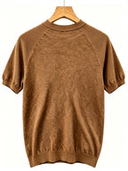 Men's Raglan Crew Neck Short Sleeve Knitwear with Street Graffiti Letter Print, Thin, Breathable, Casual Half-Sleeve - 【Brown】