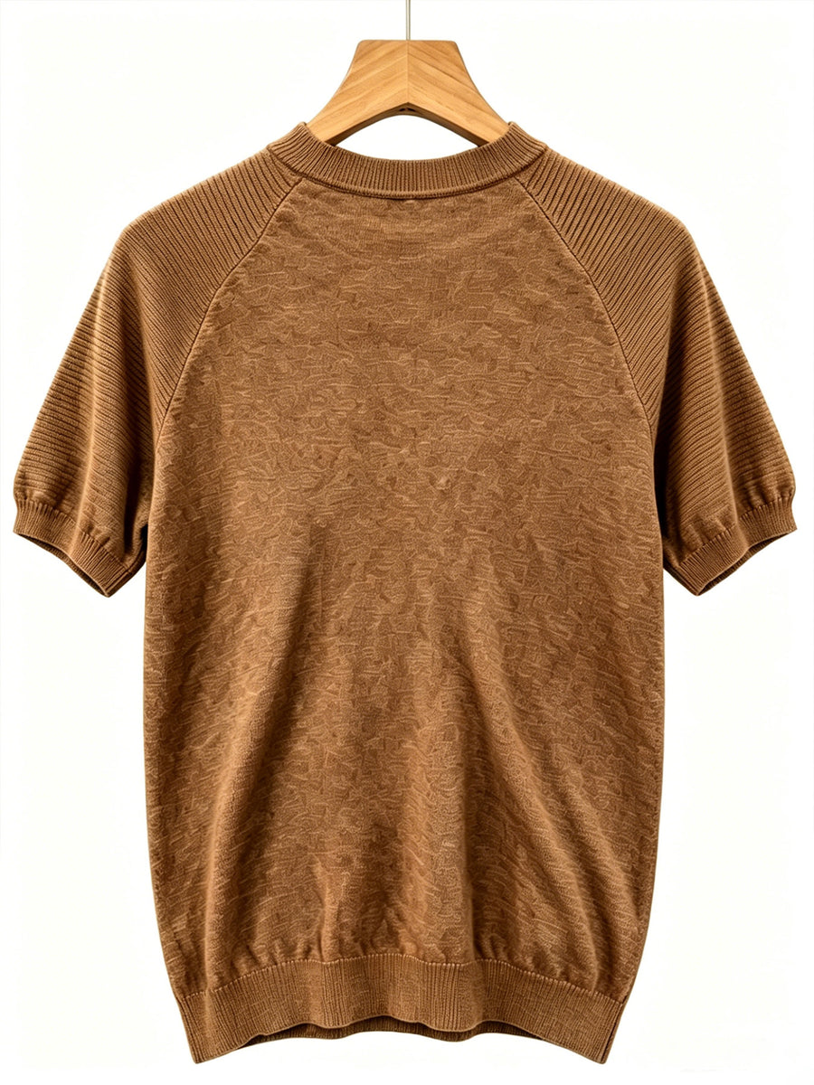 Men's Raglan Crew Neck Short Sleeve Knitwear with Street Graffiti Letter Print, Thin, Breathable, Casual Half-Sleeve - 【Brown】