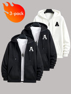 50%, 50% Polyester, 3pcs Men'S Patchwork Warm Fleece Zip-Up Hooded Sweatshirt, Men'S Clothing, Long Sleeve Fleece Jacket, Zip-Up Top, Hooded Sweatshirt, Pockets, Drawstring, Suitable for Outdoor, Casual, Back-To-School Season, Gift for Boyfriend - Black+black+white
