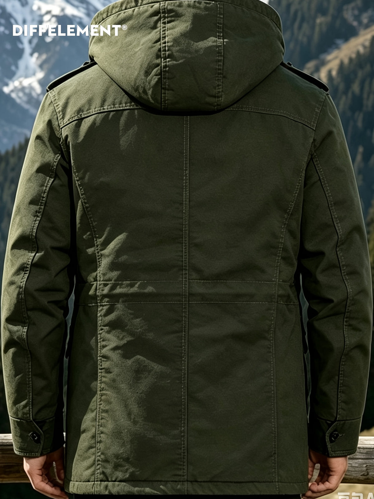 DIFFELEMENT Outdoor Hardcore Men's Workwear Style Mid-Length Hooded Parka Coat, Windproof Hood with Fleece-Lined Thickened Lamb's Interior, Double-Breasted Placket with Buttons, Multiple Pockets, Cold-Resistant, Wear-Resistant, Wrinkle-Resistant - fern green