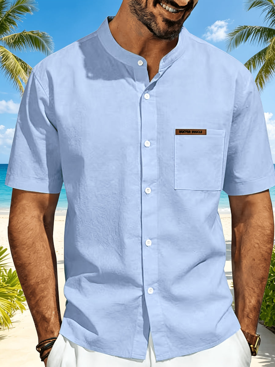 Men's Minimalist Vacation Style Stand Collar Linen Short Sleeve Shirt, 95% Linen 5% Polyester, Breathable with Label Pocket, Fashionable Beachside Pool Casual Shirt - Light Blue