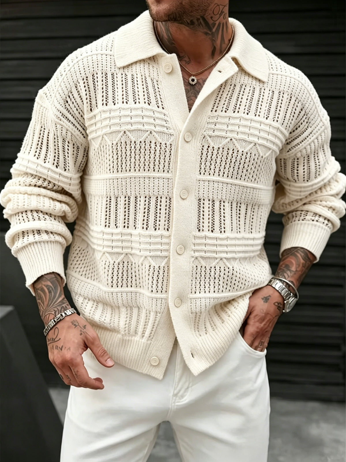 JANE DRESSINGLOG Men's American Casual Retro Flared Knit Cardigan, Openwork Jacquard Texture Single Row Button Loose Breathable Long Sleeve Lightweight Sweater for Spring and Autumn Daily Outings and Vacation Wear - Apricot