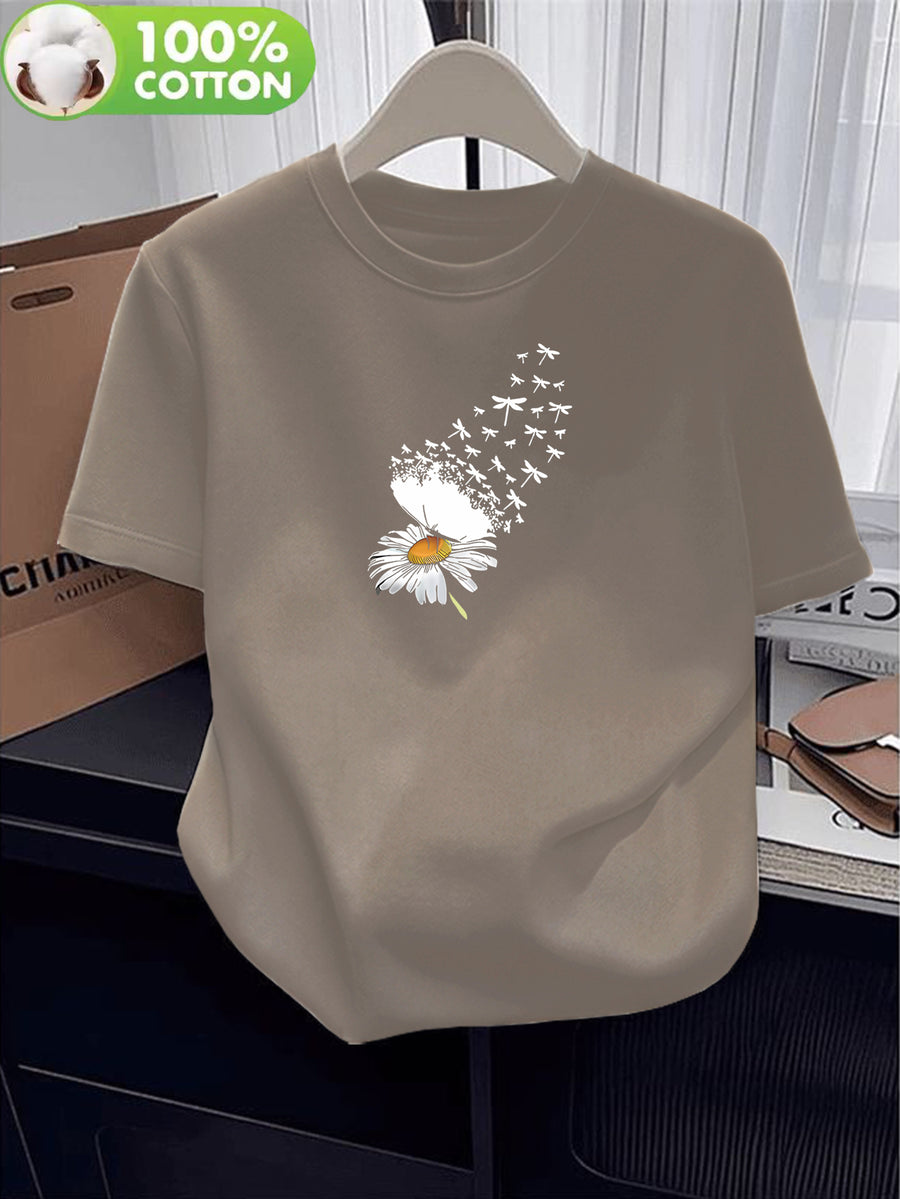 100% Women's T-Shirt, Summer Short Sleeve Lightweight Top, Trendy and Fashionable Standard Fit, Loose, Breathable, Versatile,, Fresh Little Daisy Pattern with Flying Bird Element, Simple and Artistic Design - Khaki