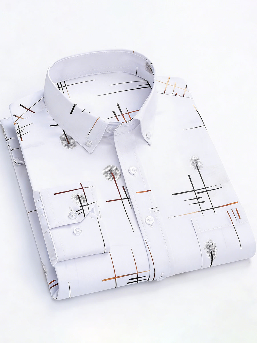 Men'S Long-Sleeve Shirt with Bronzing Print, Business Casual Wrinkle-Resistant Shirt, Light Luxury Versatile Top for Middle-Aged And Young Men - White