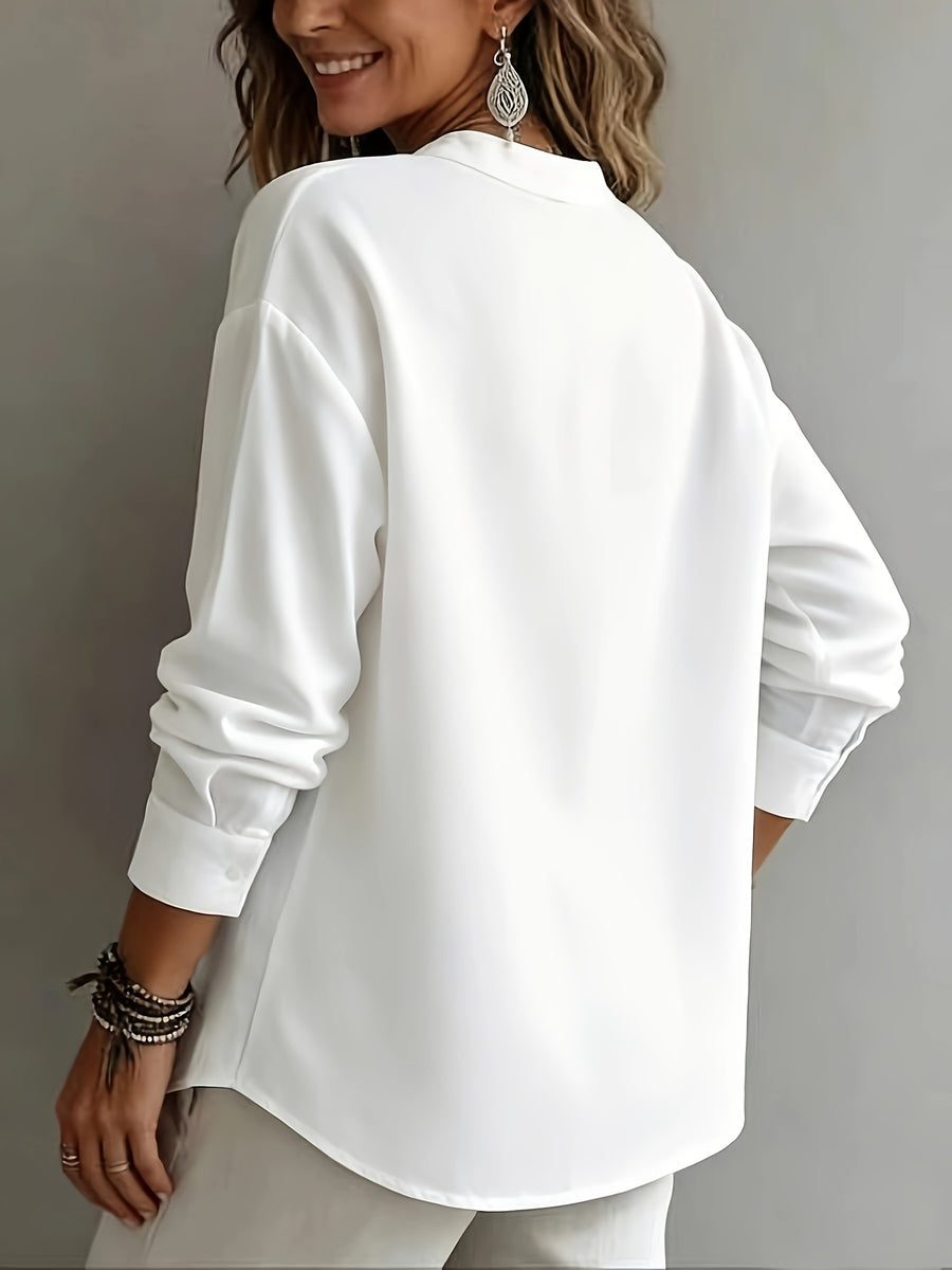 2026 Summer Women'S Elegant Fashion Polo Collar Long Sleeve Shirt Top - White