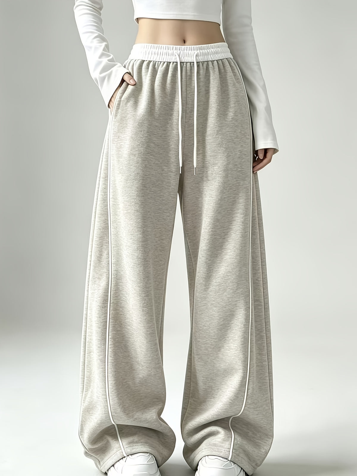 Wide Leg Sweatpants with Contrast White Elastic Waistband, White Side Piping Stripes, Convertible Adjustable Hem Cuff Two Ways Wearing Pants, Four Seasons Breathable Casual Athletic Joggers for Yoga Daily Street Outfits - M Beige