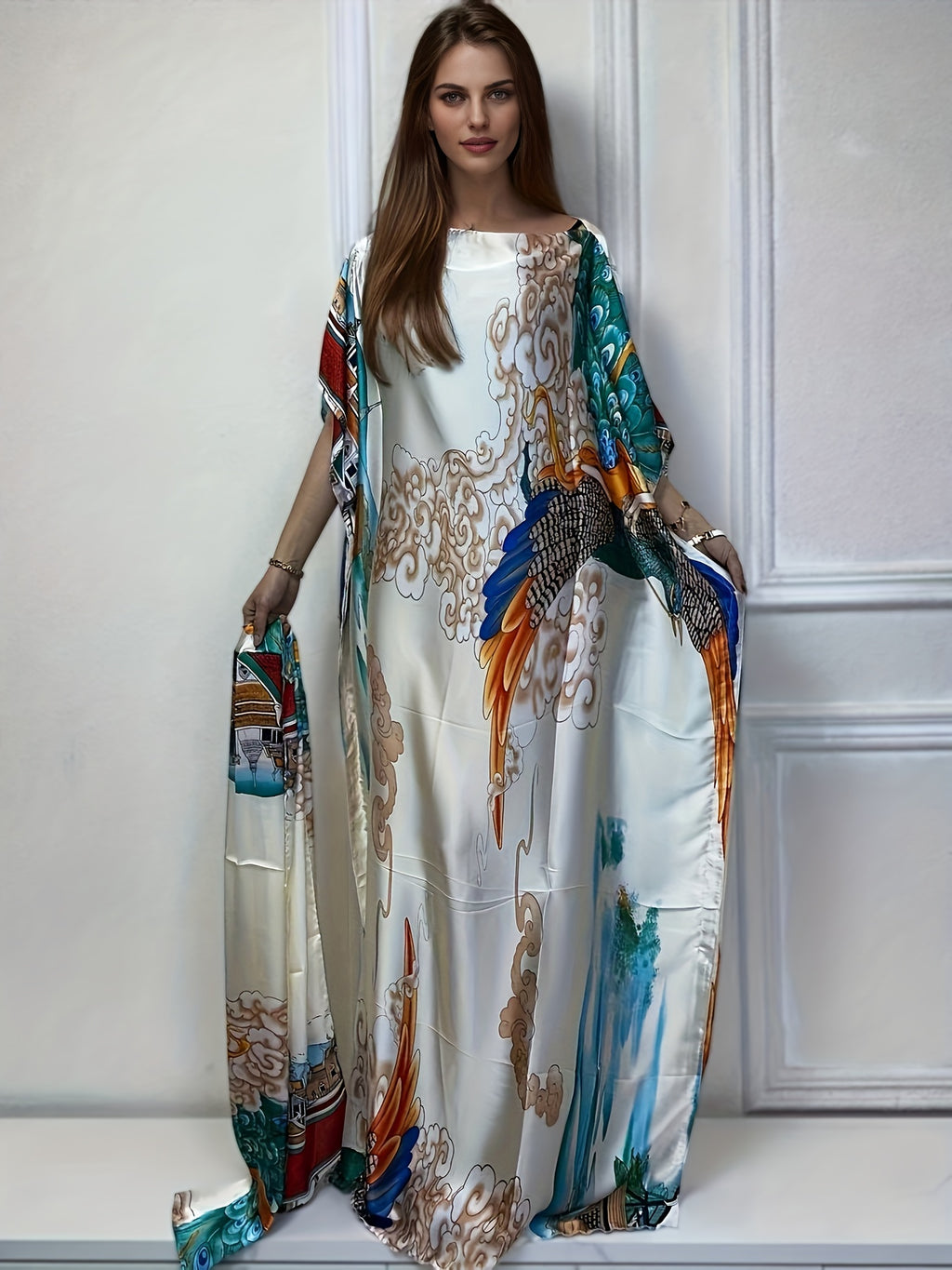 Graphic Print Boat Neck Abaya, Elegant Short Batwing Sleeve Loose Dress with Scarf for Spring And Summer, Women'S Clothing - Milky