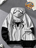 Unisex Autumn Loose Drop Shoulder Hooded Sweatshirt, Suitable for Daily Commute Street Trendy City Short Trips Superhero Fans Friends Gatherings, Classic Spider Web Silhouette on Back with Hood And Eyes Cool Artistic Print - Black And Grey