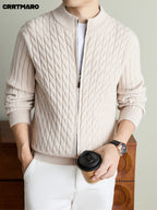 Men'S Heavyweight Thick Zip Neck Mock Neck Knit Cardigan, Warm Casual Layering Top for Fall And Winter - Beige gray