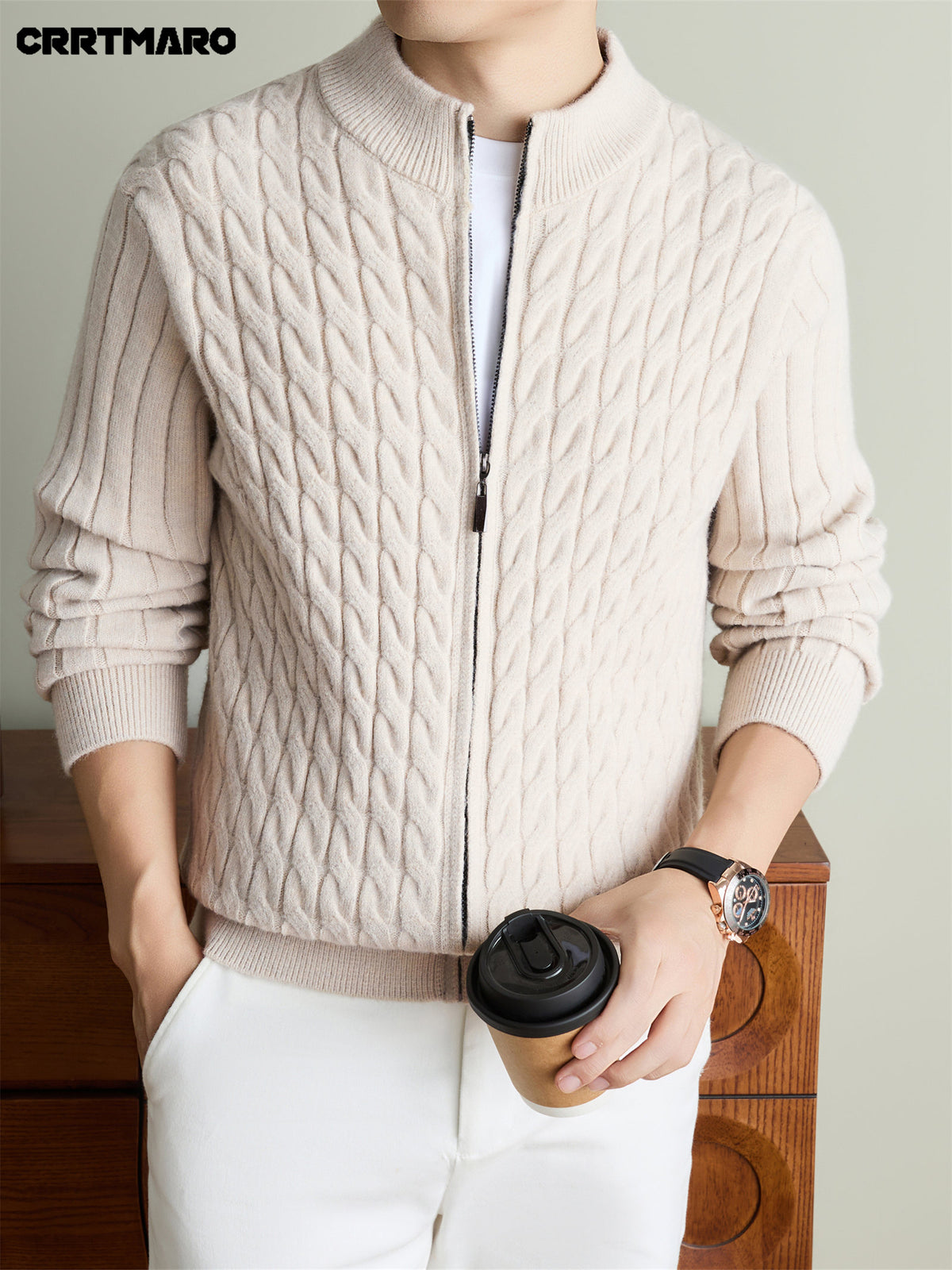 Men'S Heavyweight Thick Zip Neck Mock Neck Knit Cardigan, Warm Casual Layering Top for Fall And Winter - Beige gray