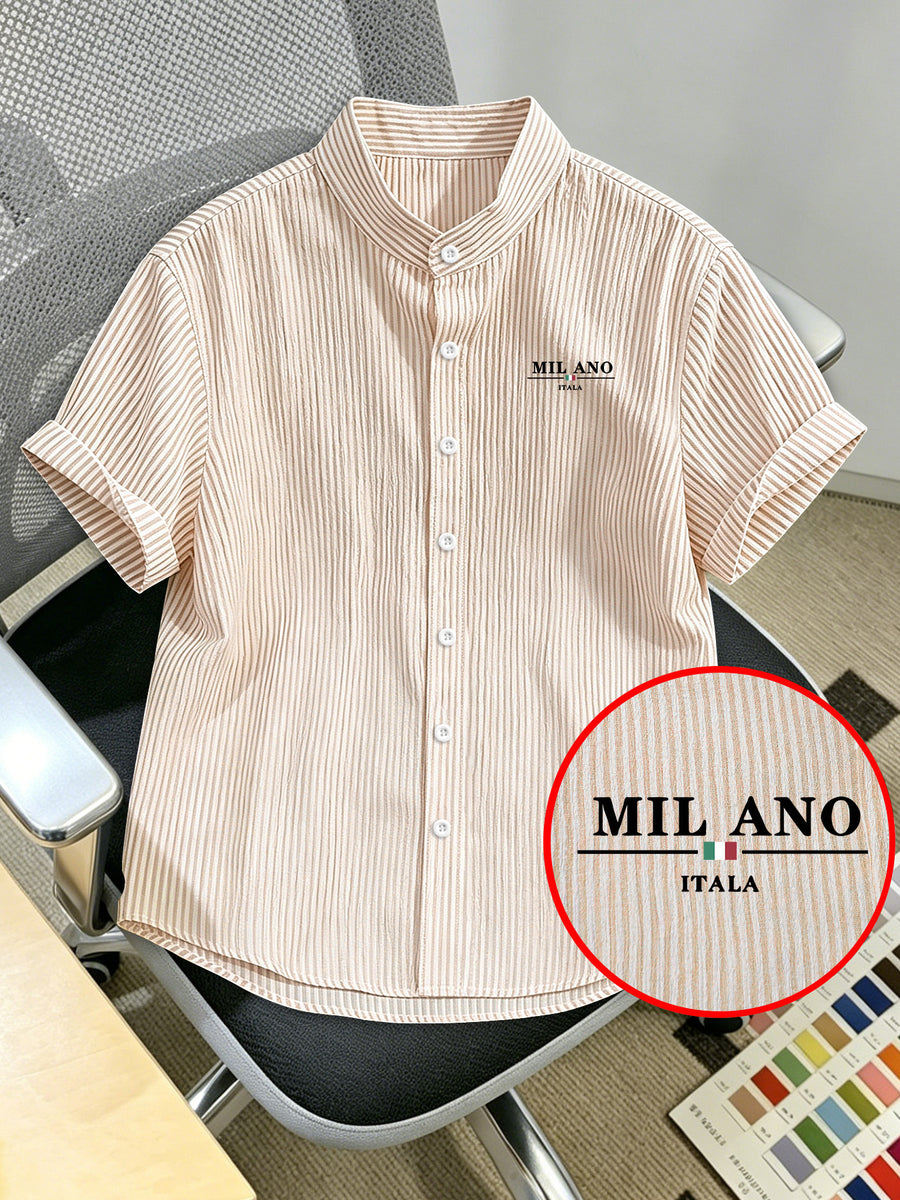 Men's Striped Shirt with Letter Print, Breathable Striped Summer Shirt, Stand Collar Design Suitable for Beach Outings and Daily Casual Wear, Beach Shirt, Outdoor Leisure, Soft Texture, Vacation Outfit, Machine Washable - Khaki