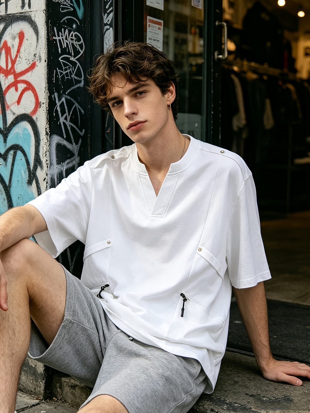 [Kuzan Yuki OBM] Men'S Summer New V-Neck Cargo Casual T-Shirt for Travel, Commute, Vacation, Individual, All-Match Fashion Tee - White