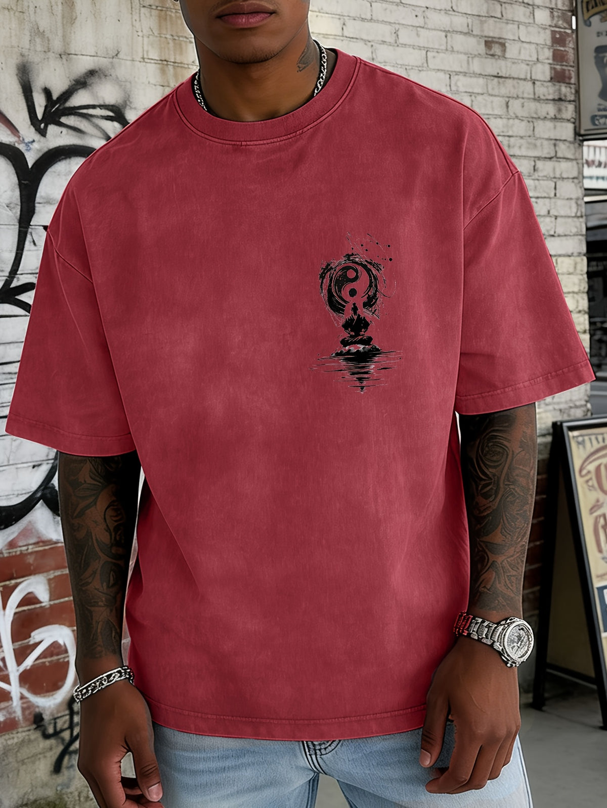 Washed and Distressed Pure Cotton Short-sleeve T-shirt with Trendy Double-sided Print Featuring Tai Chi, Zen, and Meditating Ink Wash Art. Available in 12 Colors for Mix-and-match Styling. Loose-fit Men's Top in High Street Y2K Style - Red