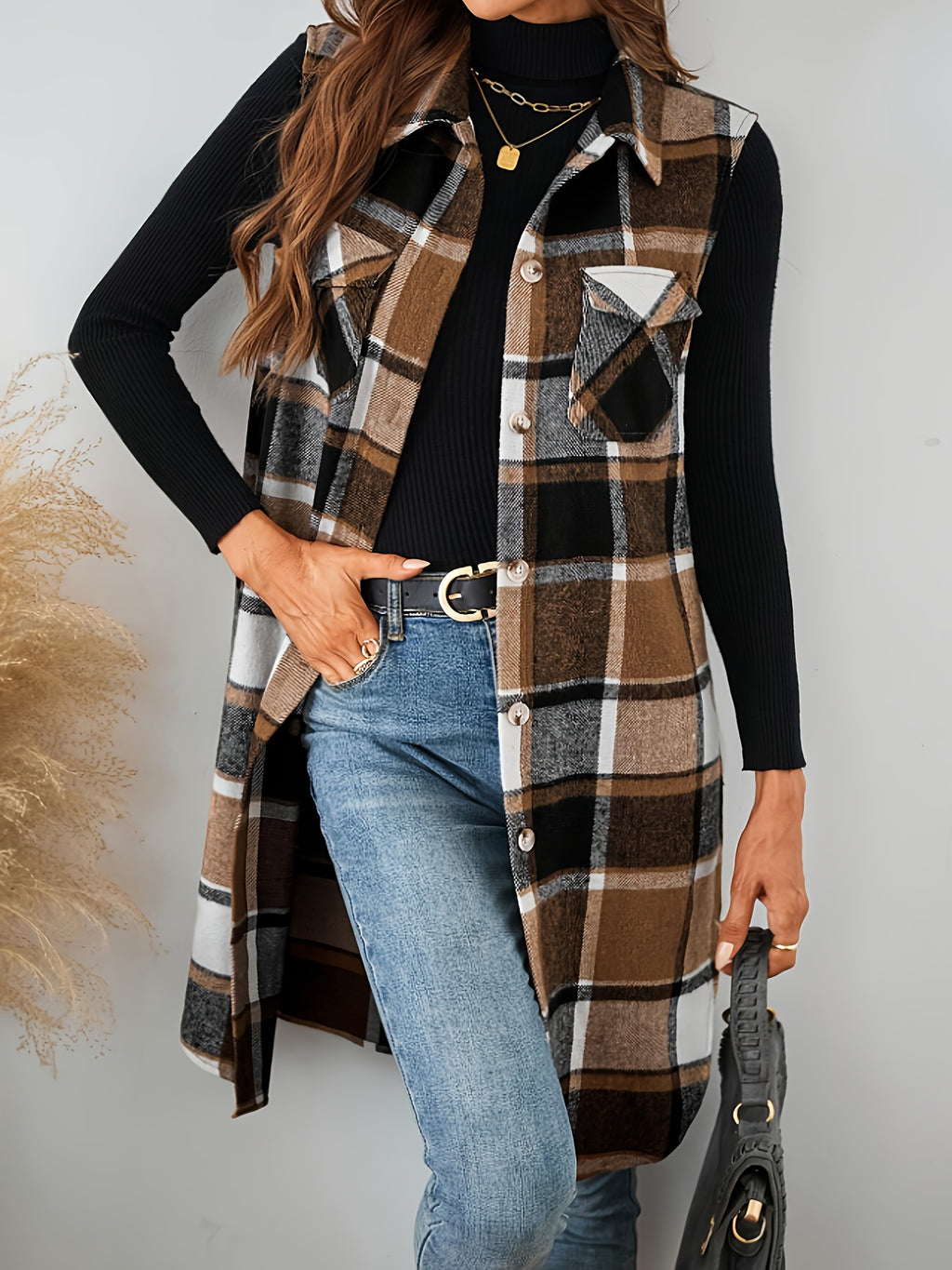 Plaid Pocket Sleeveless Casual Women's Vest Jacket - Light Brown-1