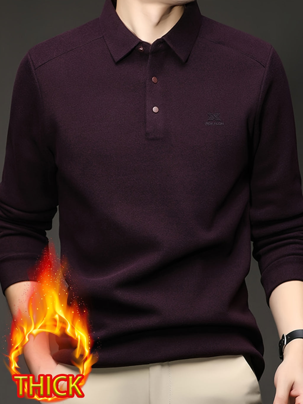 Thickened Men'S 3-Button Collar Polo Pullover Long Sleeve, Buttoned Placket, Ribbed Cuffs, Suitable for Autumn Inner And Outer Wear - SINBOS - Gentian Violet