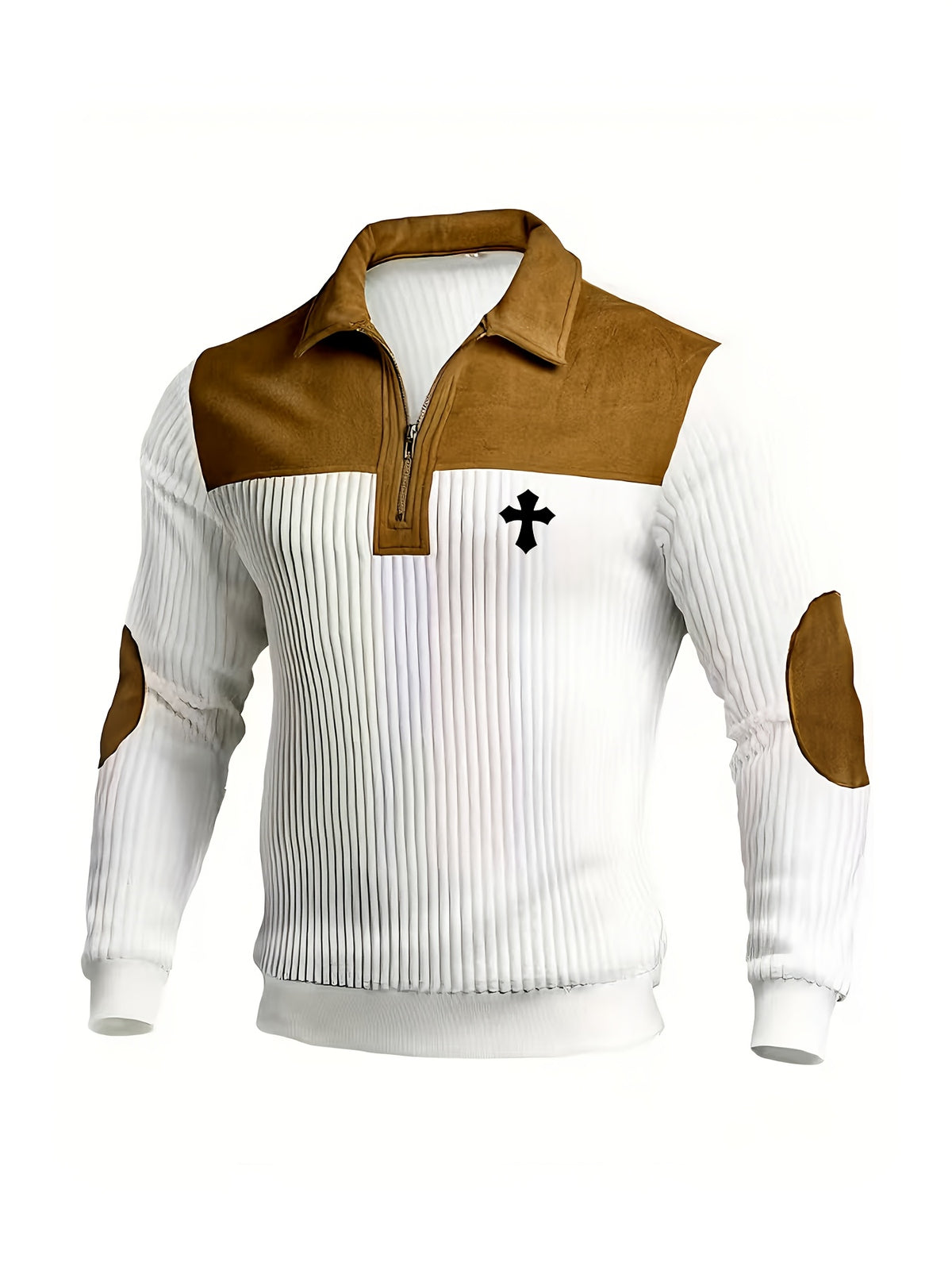 Men's Fashion Polo Half-Zip Collar Color-Block Long Sleeve Top, Casual Outing and Home Wear - White