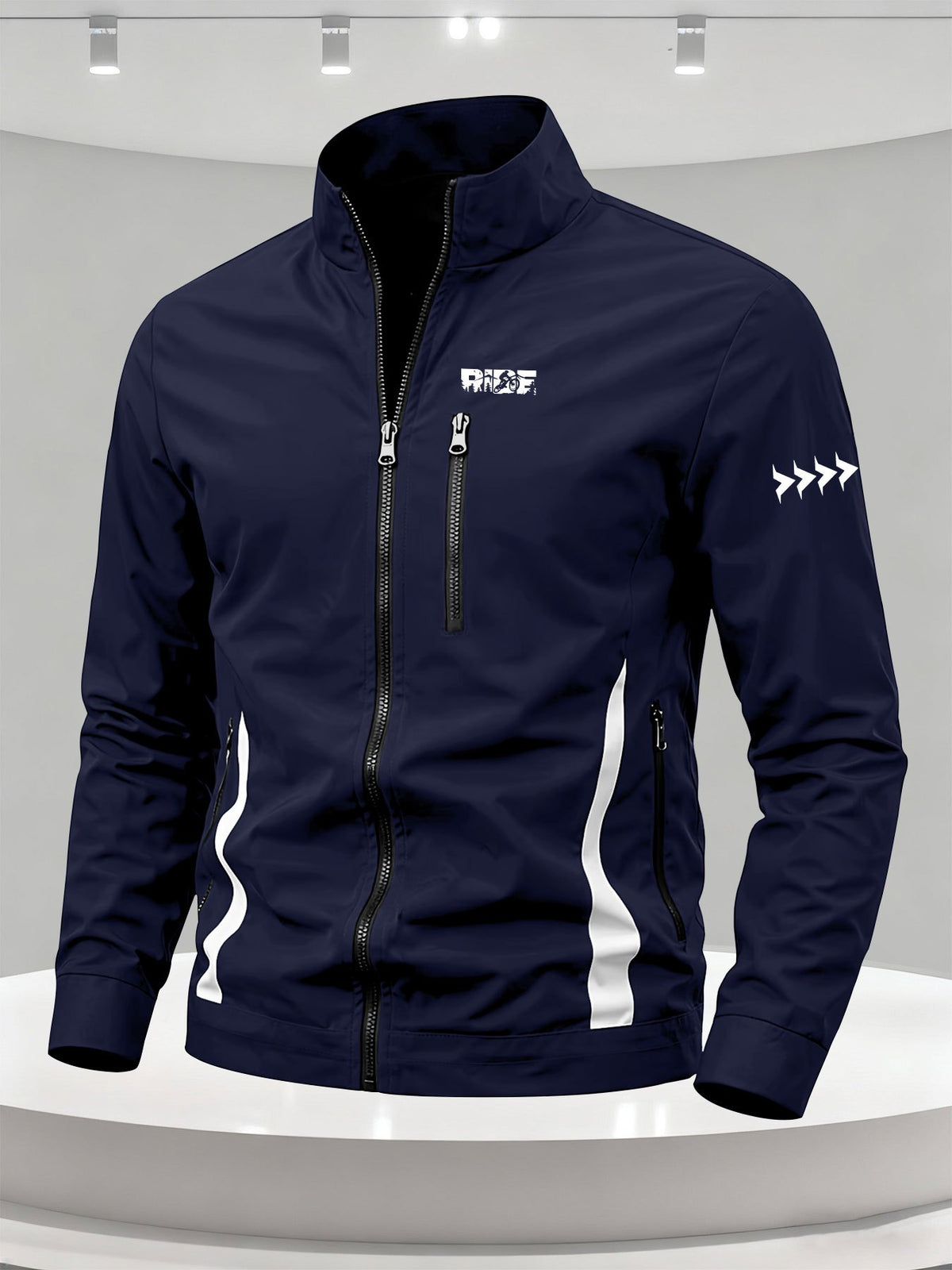 Men'S Spring/Autumn Stand-Up Collar Casual Jacket, Off-Road Riding Pattern Print, Zip-Up Lightweight Outerwear, Side Contrast Stand-Up Collar Sports Commute Top - Star Blue