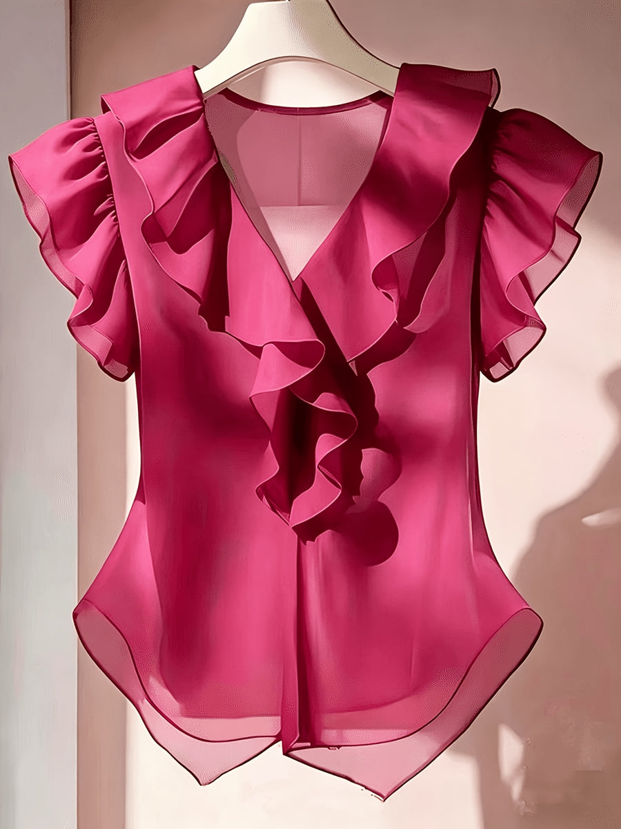 Summer French Solid Ruffled Fly Short Sleeve Shirt Chiffon Top Women'S - Rose Red