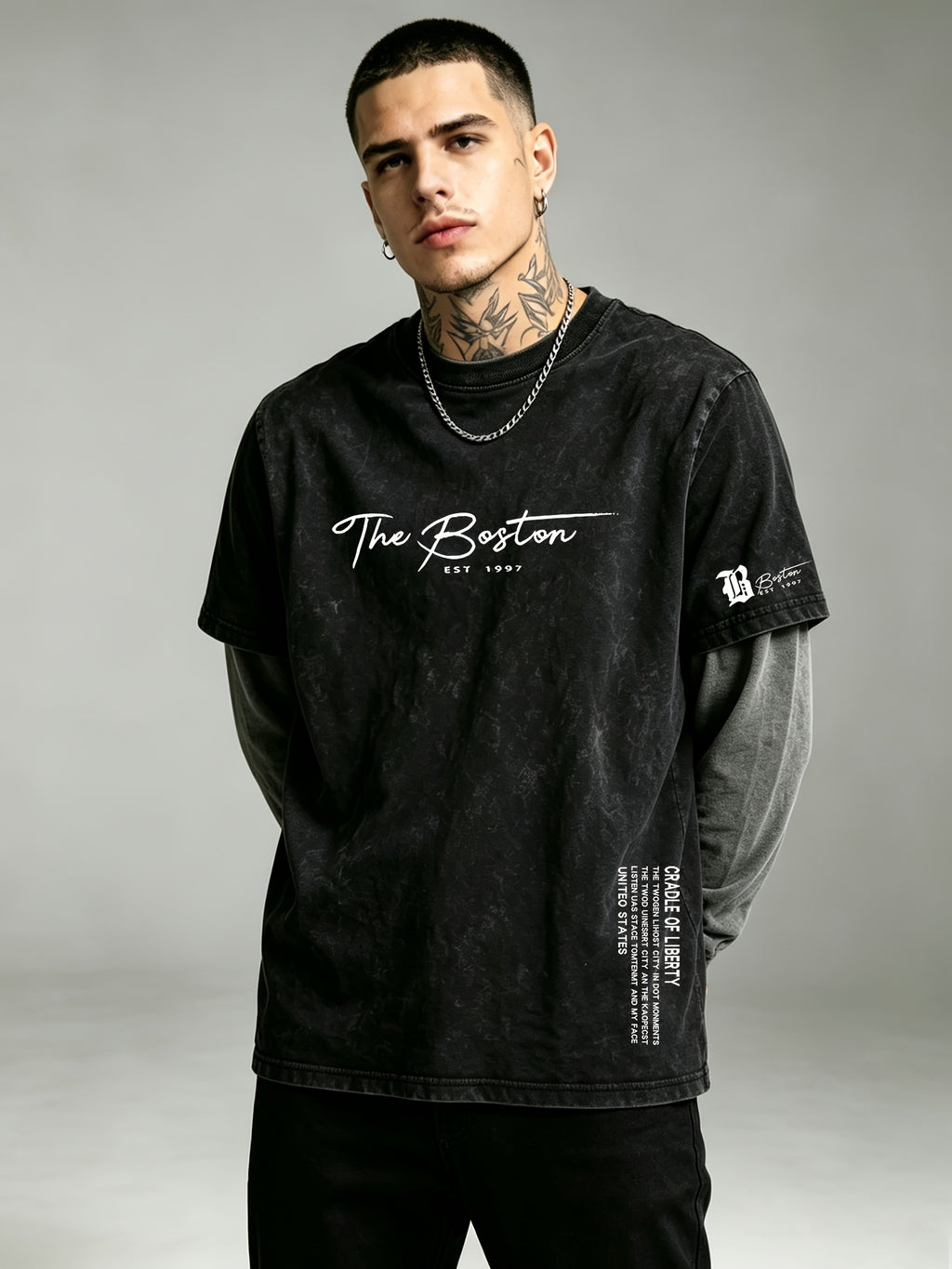 Men's 2-in-1 Look Long-Sleeve T-Shirt, Vintage Washed Minimalist Design Print with Contrast Gray Sleeves, American Street Style Loose Fit Casual Long-Sleeve T-Shirt - Black