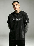 Men's 2-in-1 Look Long-Sleeve T-Shirt, Vintage Washed Minimalist Design Print with Contrast Gray Sleeves, American Street Style Loose Fit Casual Long-Sleeve T-Shirt - Black