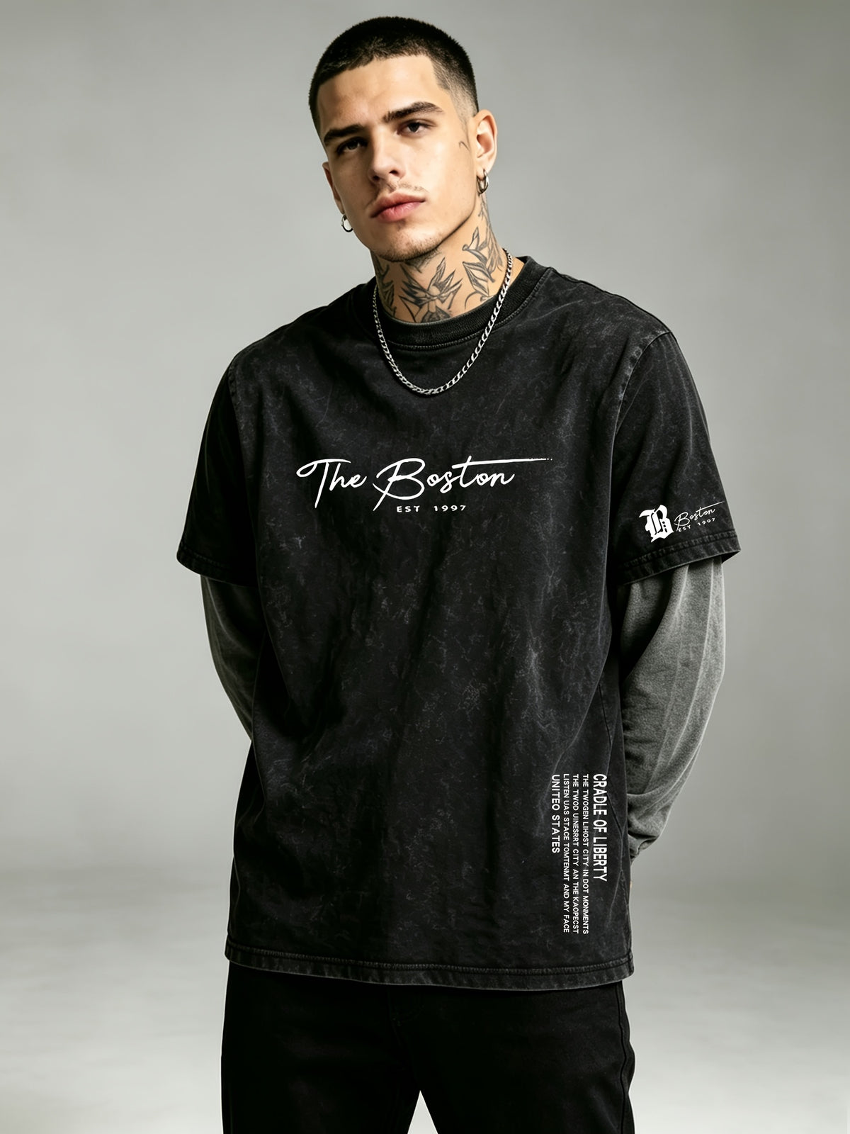 Men's 2-in-1 Look Long-Sleeve T-Shirt, Vintage Washed Minimalist Design Print with Contrast Gray Sleeves, American Street Style Loose Fit Casual Long-Sleeve T-Shirt - Black