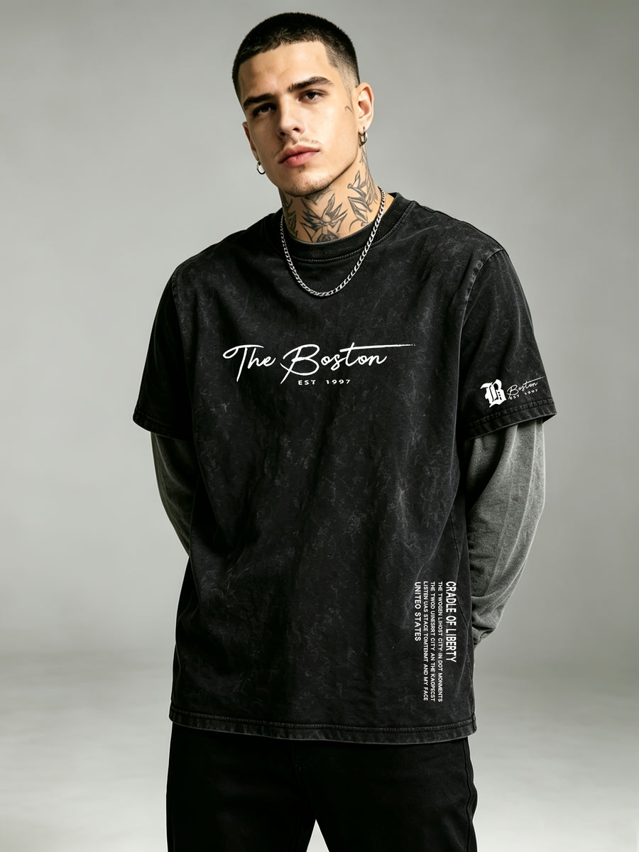 Men's 2-in-1 Look Long-Sleeve T-Shirt, Vintage Washed Minimalist Design Print with Contrast Gray Sleeves, American Street Style Loose Fit Casual Long-Sleeve T-Shirt - Black