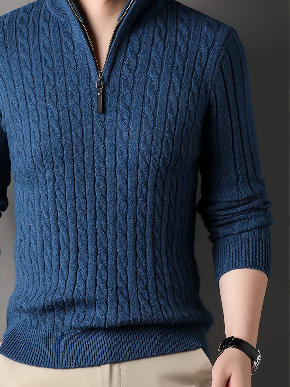 New Autumn Men's Knitted Pullover, Soft and Comfortable, Close-Fitting, Urban Outdoor Fashion, Casual Autumn Wear - Blue