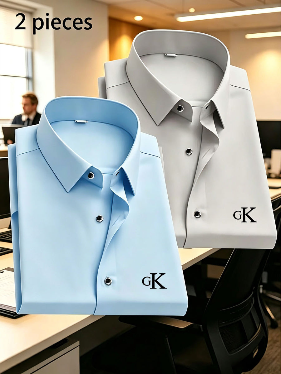 2 Men'S Spring And Autumn Fashion Long-Sleeve Printed Shirts, Casual, Breathable, High-Quality, Anti-Wrinkle Shirts, Suitable for Business And Office Wear - Blue+Gray