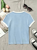 1pc New European American Women'S Contrast Trim Design Short Multicolor T-Shirt Slim Short Sleeve - Cartoon Fun Retro Individual Niche Y2K Dark Gothic Style Easy Creative Heart Spider Web Pattern Print Design Fashion Sweet Cool Trendy Street Hot Sty - Light Blue
